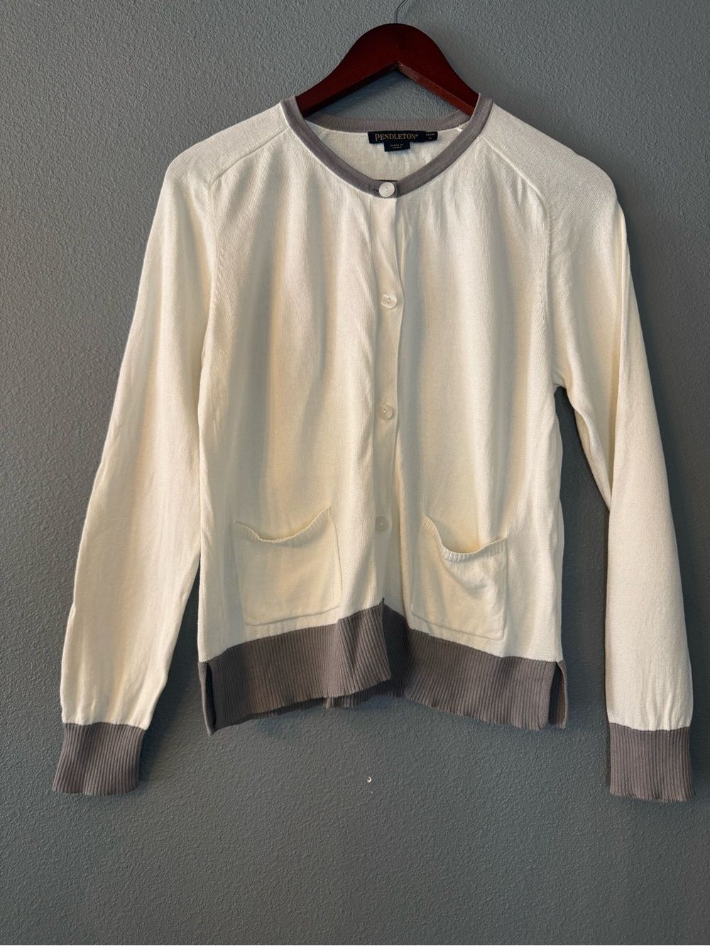 Pendleton Ivory Cardigan with Gray Trim and Buttons